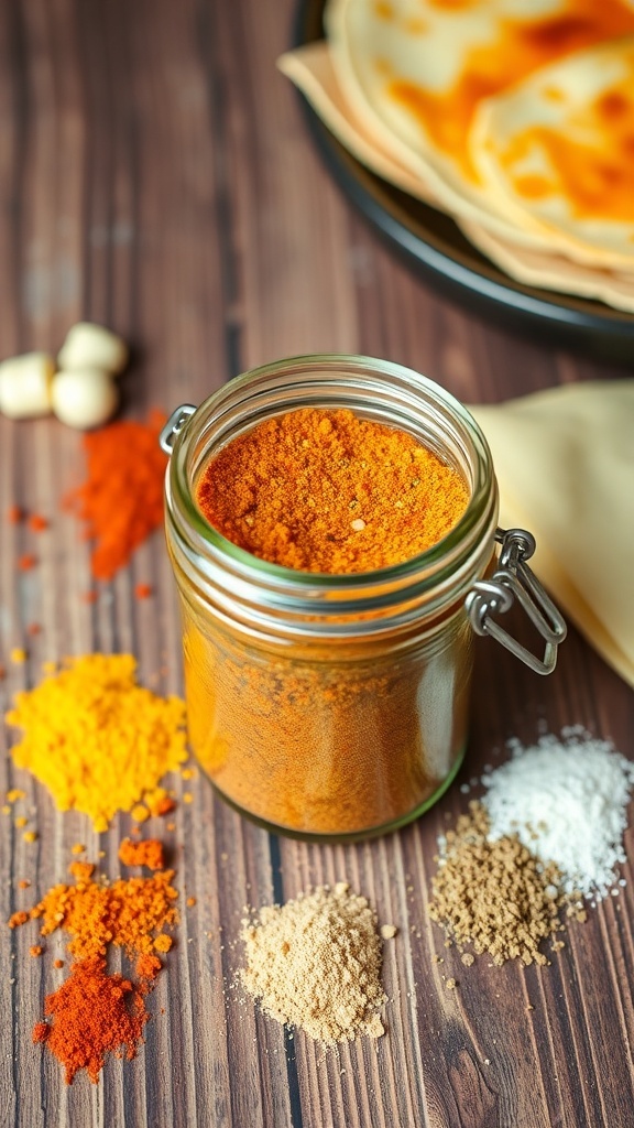 Homemade Quesadilla Seasoning Recipe A jar of quesadilla seasoning with spices and tortillas on a wooden table.